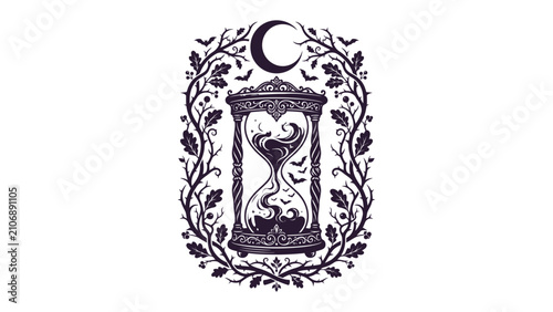 Photos Enchanted Hourglass: An intricately designed hourglass, framed by mystical branches and a crescent moon, symbolizes the passage of time and the allure of the unknown