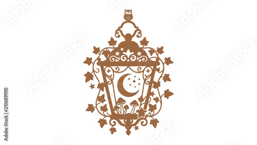 Tablou pe pânză Mystical Lantern with Celestial Motifs: An ornate copper lantern design featuring a crescent moon, twinkling stars, and whimsical mushrooms, entwined with ivy and a perched owl