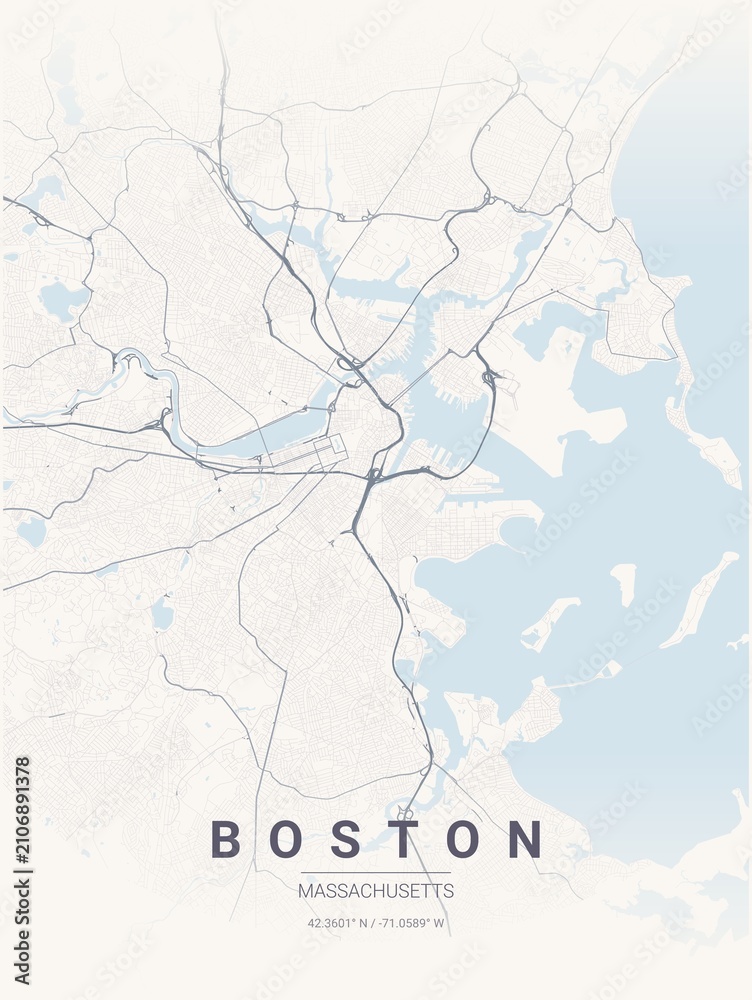 Fototapeta premium Modern Boston City Map Poster Design, Pastel Dream Style Urban Street Grid Cartography