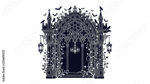 Cuadro en lienzo Gothic Archway Entrance: An ornate, dark gothic archway with intricate carvings and swirling vines, adorned with perched crows and hanging lanterns, hinting at a mysterious, haunted destination