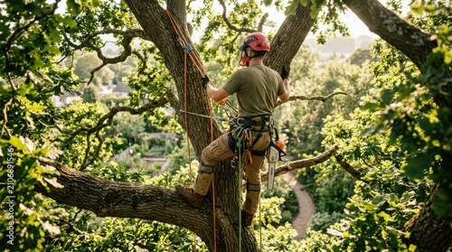 Arborist working high in a tree with climbing gear and a chainsaw