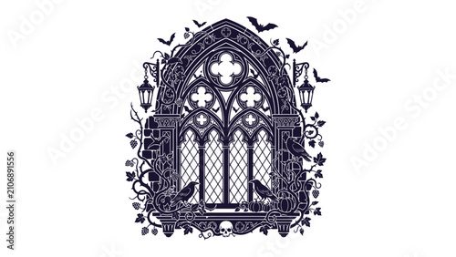 Canvastavla Gothic Window with Bats and Ravens: An ornate gothic window, adorned with ivy and illuminated by antique lanterns, is framed by a flurry of bats and perched ravens