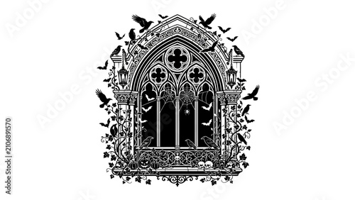 Gothic Window with Ravens: An ornate gothic window frame is adorned with swirling vines and surrounded by a flock of ravens, creating a dark and mysterious atmosphere.