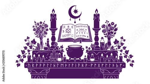 фотографія Mystical Altar of the Moon: An enchanting altar adorned with candles, mystical symbols, potions, and flowers, featuring an open grimoire and a crescent moon