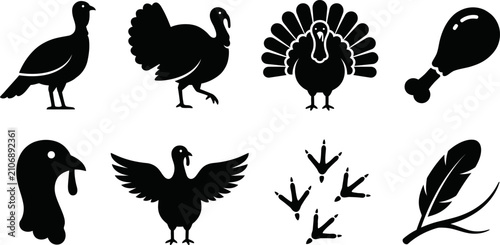Cuadro en lienzo Collection of black silhouette icons depicting various aspects of turkeys and th