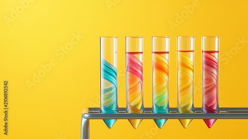 Row of lab test tubes containing colorful vibrant swirling chemical solutions on bright yellow background for science and chemistry concept