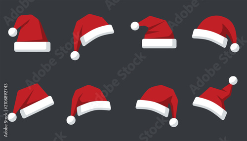 Fotografía Set of eight red santa claus hats arranged in two rows on a dark background