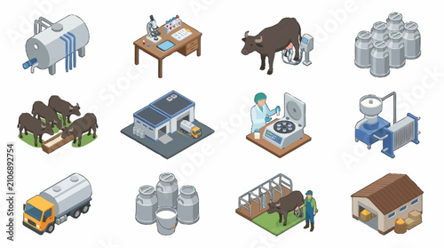 Isometric icons of industry, transport, and agriculture equipment.