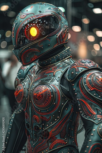 Intricate dark metallic robot suit with glowing orange eye and red ornate detailing, futuristic warrior concept