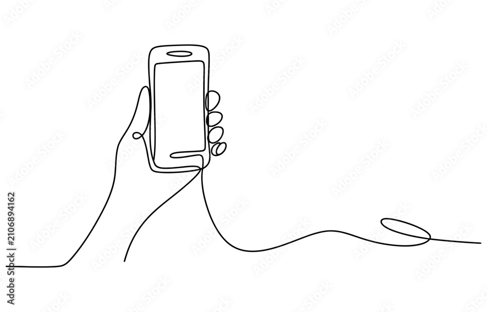 Obraz premium Continuous one line drawing of a human hand holding a mobile smartphone device Vector, illustration
