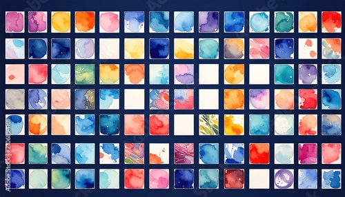 Many square, colorful watercolor blobs arranged on a dark blue backdrop in a grid-like fashion, some faded, some vibrant