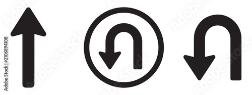 Set of traffic directional arrow symbols including straight and u-turn