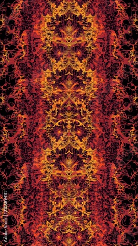 Intricate fractal pattern with plant-like and ornamental motifs in fiery red and gold hues