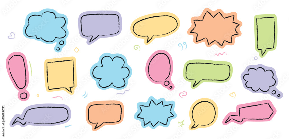 Fototapeta premium Cute Hand Drawn Speech Bubble Set Colorful Doodle Chat Frames Vector Collection