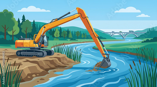 Yellow Hydraulic Excavator Dredging a Riverbed for Infrastructure and Water Management Project