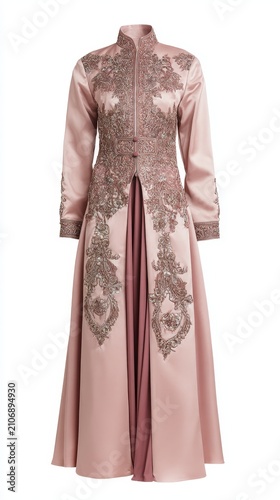 Long pink satin dress with intricate gold embroidery and a high neckline, for festive occasions