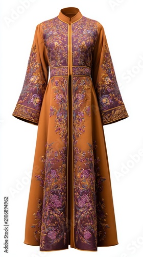 Long flowing abaya with intricate floral embroidery in shades of purple and gold on a warm brown fabric