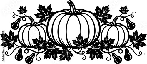 Konstfotografi Decorative arrangement featuring three pumpkins with autumn leaves and gourds on