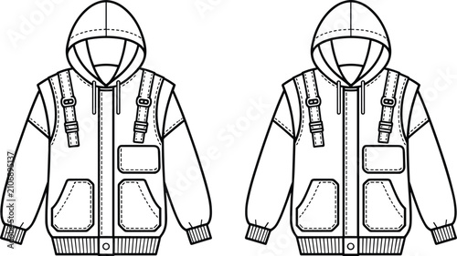 Technical fashion illustration of utility style hooded jackets front view