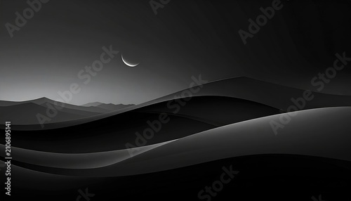 Grayscale rendering of a desert landscape under a crescent moon; soft shadows emphasize rolling sand dunes