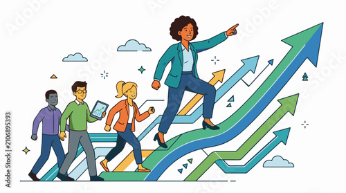 Diverse team in business attire follows leader up rising growth arrows