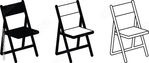 Collection of portable folding chair vectors featured in black silhouette and outline line art styles on plain white background.