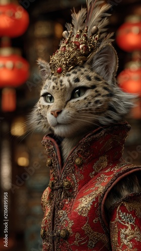 Majestic bengal cat adorned in ornate royal attire and a jeweled crown, with red lanterns in the