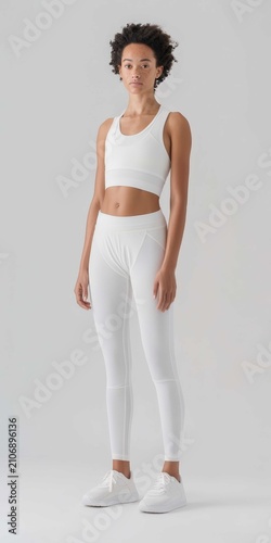 Portrait of a beautiful woman wearing white casual clothes standing against a bright neutral background