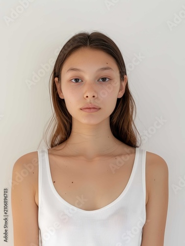 Portrait of a beautiful young woman wearing white casual clothes standing against a bright neutral background.