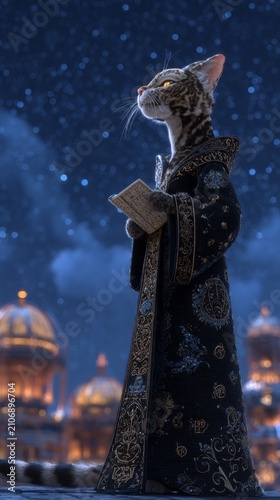 Majestic cat in ornate robes stands under a starry night sky, holding a scroll, overlooking an ancient city