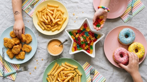 Top view of children eating junk food at a table