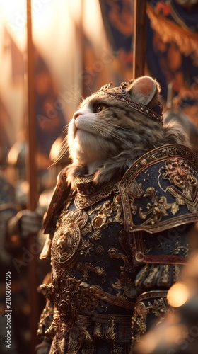 Majestic cat warrior adorned in ornate armor and crown, standing proudly amidst a regal procession