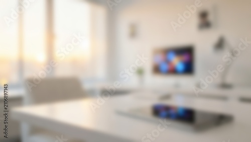 bright blurred modern office desk background for digital tech website