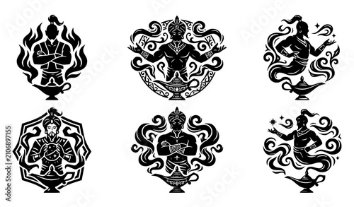 Mystical Genie Rising from Oil Lamp Black Silhouette Emblem Vector Set