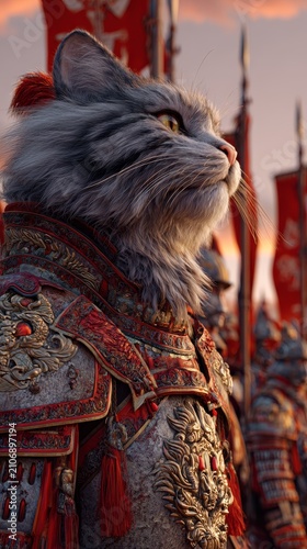 Majestic feline warrior in ornate armor stands ready for battle against a of banners and sunset