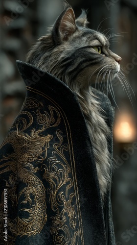 Majestic maine coon cat adorned in a dark, ornate robe with gold dragon embroidery, looking regal