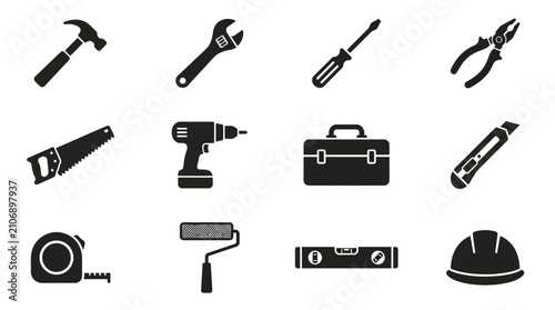 Collection of Silhouette Tools Icons: Construction, DIY, Repair and Maintenance Concept