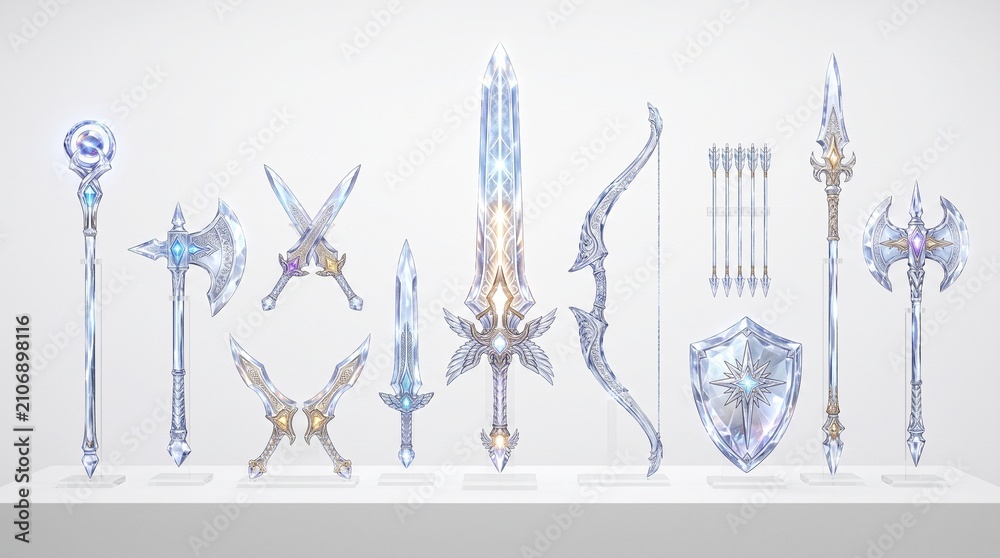 Obraz premium A collection of intricately designed fantasy weapons and armor, featuring glowing blue and white crystalline elements, neatly displayed against a pristine background.