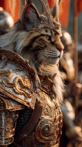 Majestic maine coon cat adorned in ornate golden medieval armor and crown, looking regal