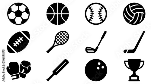 Fotografie Sports Equipment Icons: Soccer, Basketball, Baseball, Volleyball, Football, Tenn