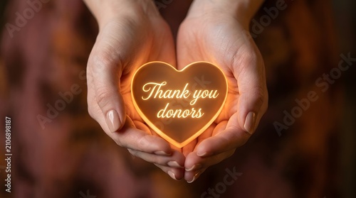 Glowing heart with 'thank you donors' message held in caring hands appreciation concept