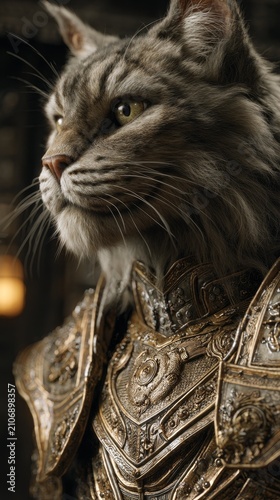 Majestic maine coon cat adorned in ornate, golden medieval armor, looking stoically to the left