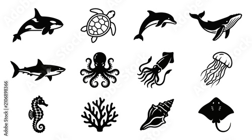 Photos Ocean Life Icons: Sea Creatures Collection, Marine Animals Vector Set