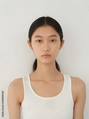 Portrait of a beautiful young woman wearing white casual clothes standing against a bright neutral background.