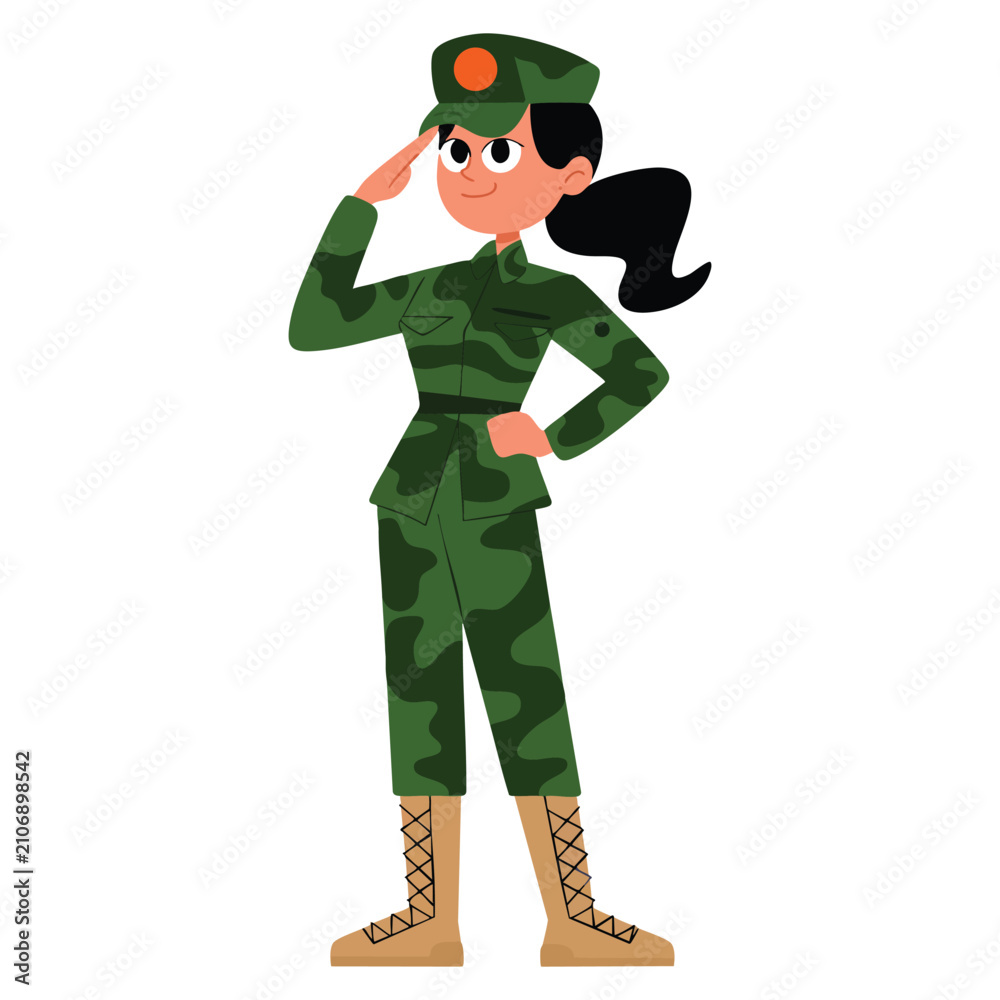 Fototapeta premium Female soldier standing and saluting semi flat color vector character with army personnel cartoon design