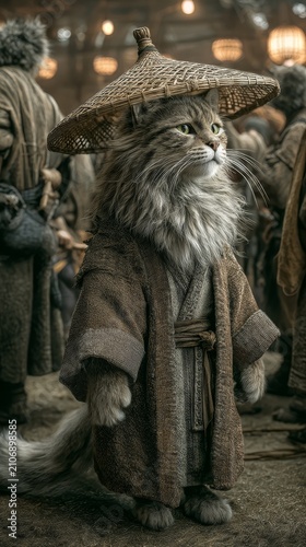 Majestic maine coon cat dressed as a noble warrior in traditional japanese attire, wearing a conical hat