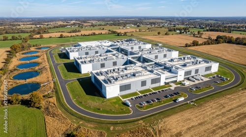 Aerial view of a large modern data center facility in a rural landscape