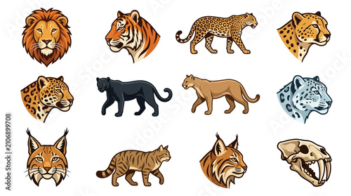 Quadro su tela Collection of Big Cats and Wild Felines: Lion, Tiger, Leopard, Jaguar, Puma, Lyn