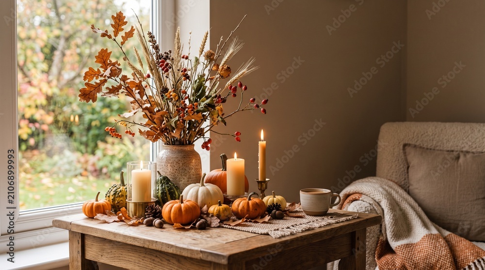Obraz premium Cozy Autumn Table Setting with Pumpkins Candles and Fall Foliage Displayed by a Window