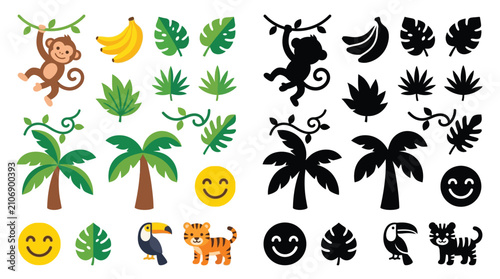 Canvas Print Cute Jungle Animals and Tropical Elements Collection with Monkeys, Toucans, Tigers, Bananas, and Palm Trees